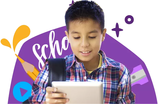 Un niño de primaria usando Rosetta Stone en una tableta